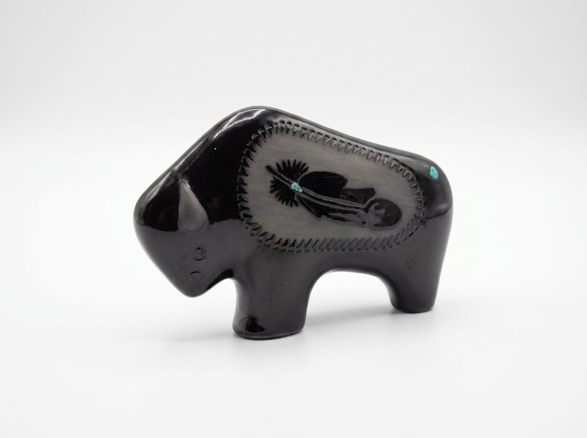 Bison Sculpture | Blackware with Turquoise Accents | Maria Adelicia | Hand-Made & Sourced in San Juan Pueblo, New Mexico