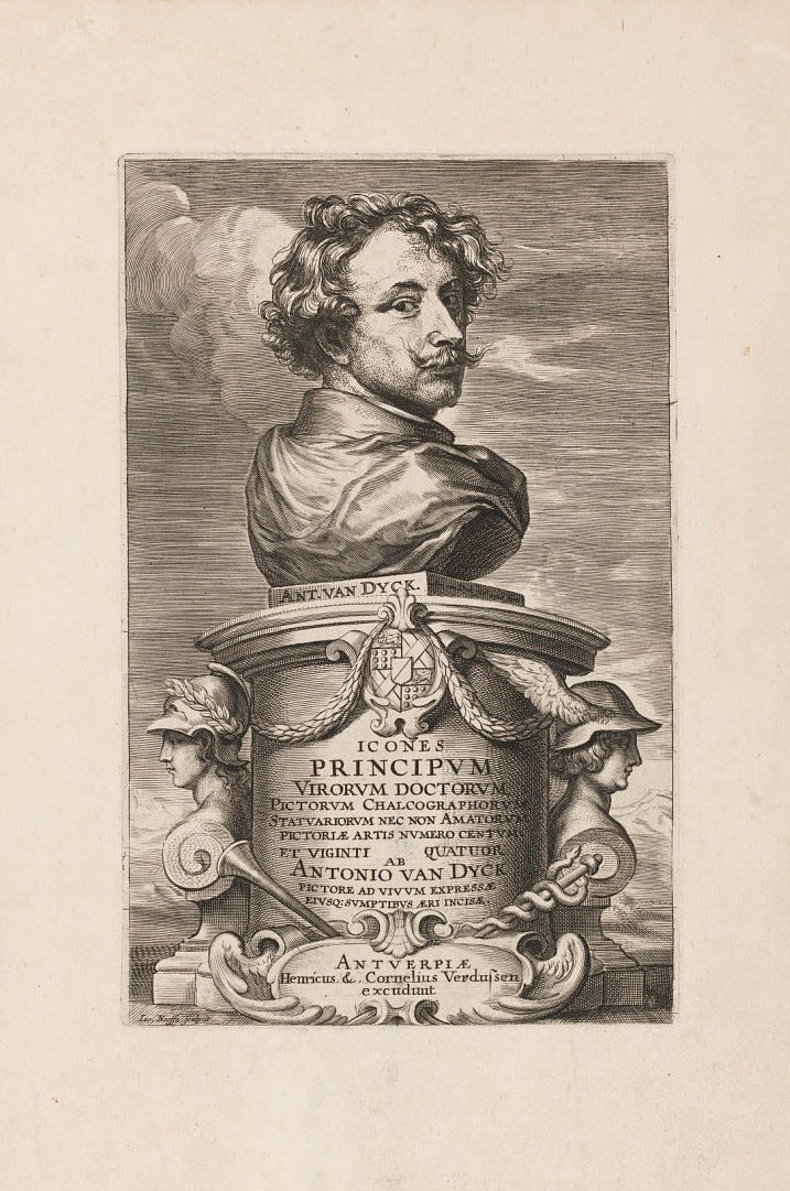 Bust of a classical figure with decorative elements on a plain background