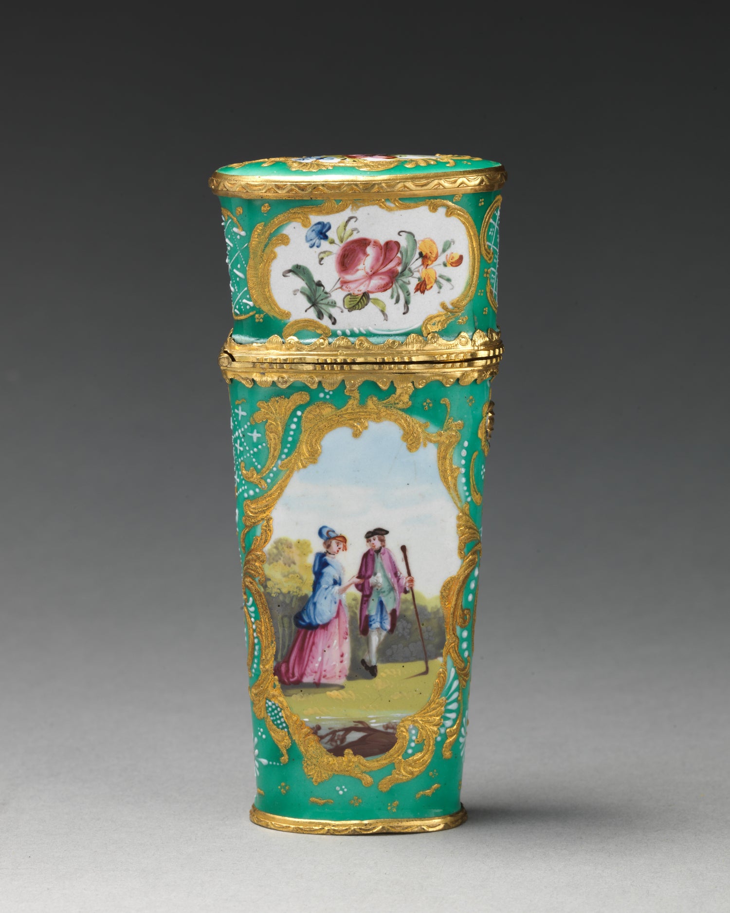 Decorative vase with painted scenes on a gray background