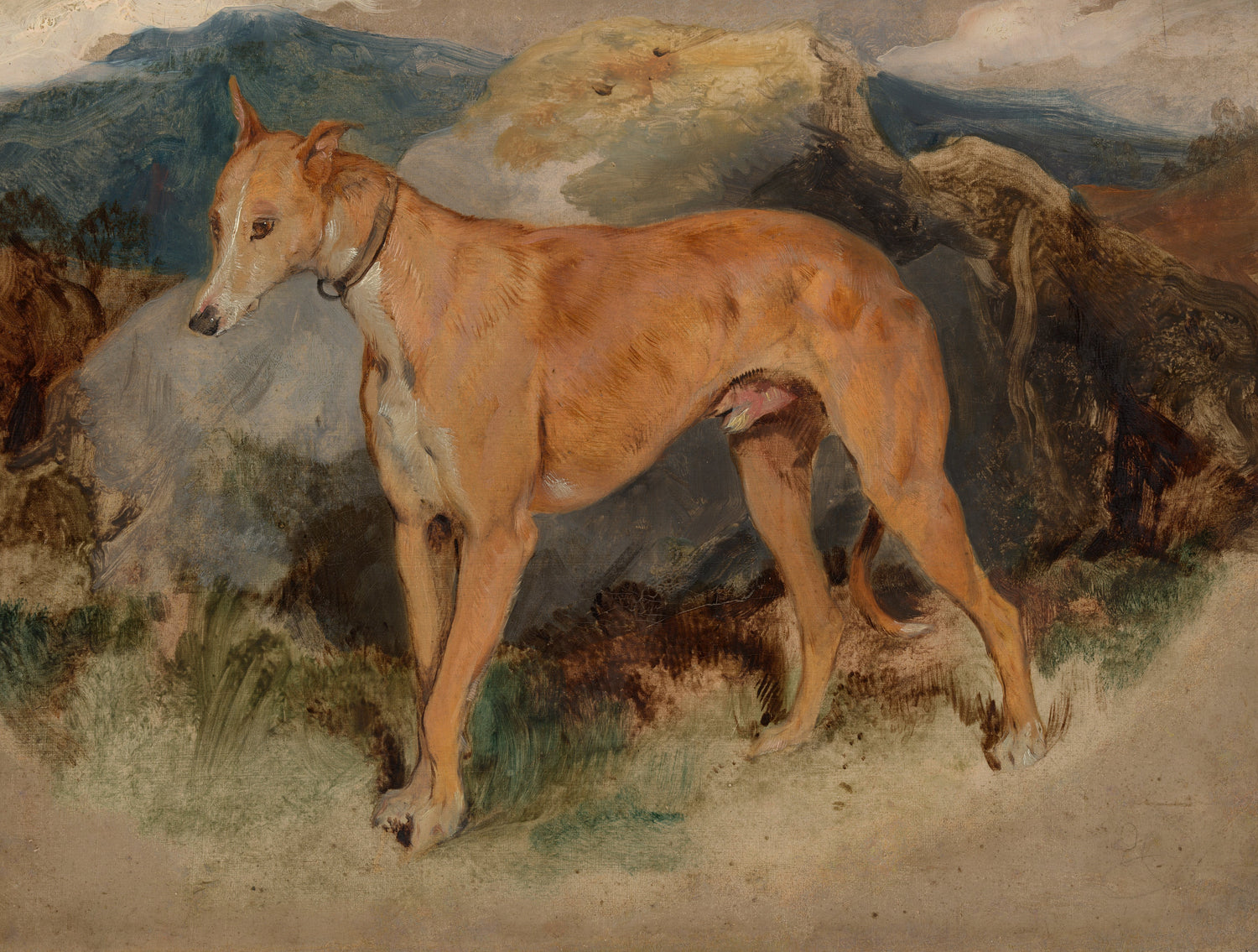 Painting of a dog standing on a landscape with mountains in the background