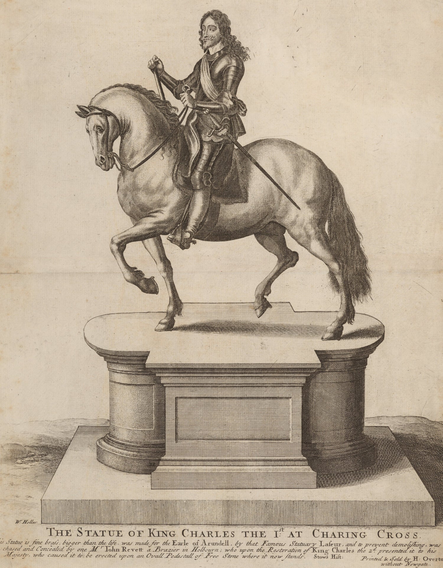 Engraving of a statue of King Charles I on horseback at Charing Cross