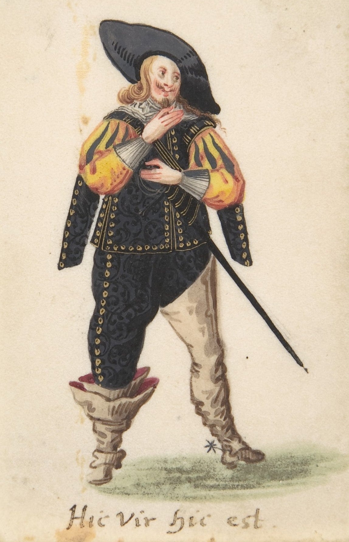 Colorful illustration of a person in historical attire with a hat and coat, holding a sword.
