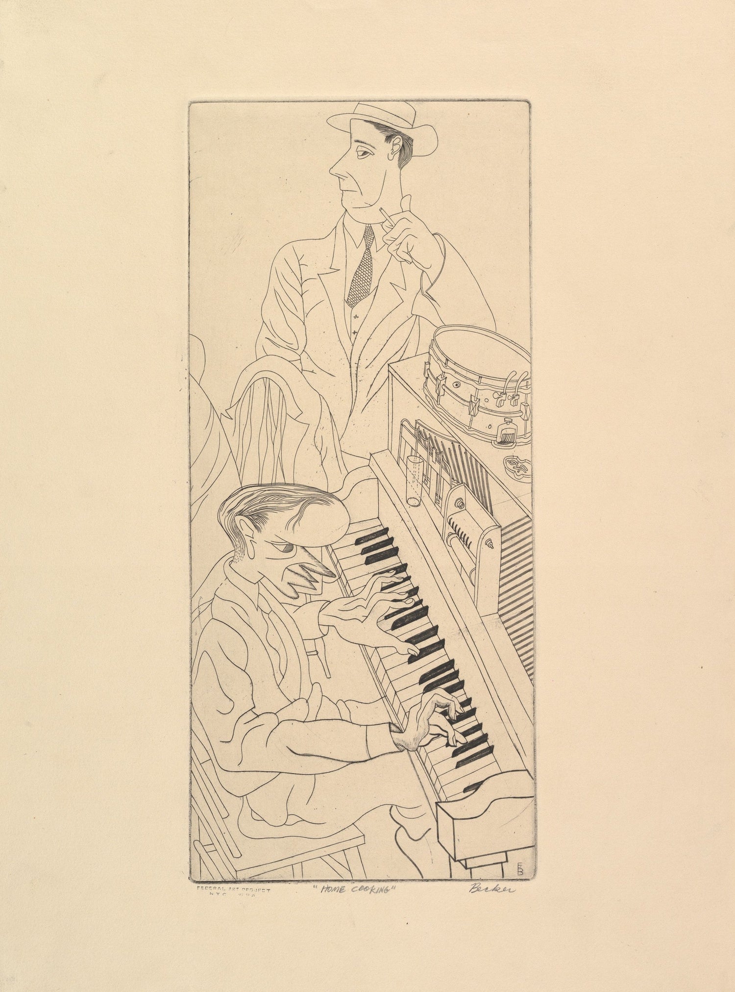 Two men with an accordion and piano on a beige background