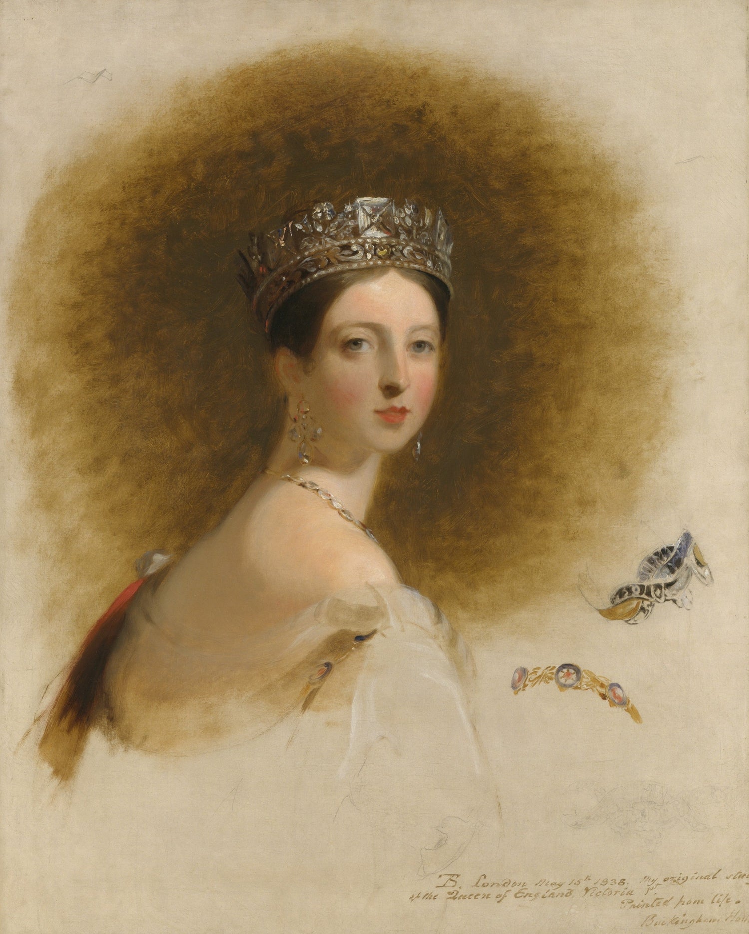 Portrait of a woman with a large brown wig and tiara, with decorative elements on a beige background.