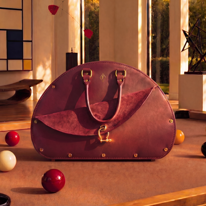 Oxblood handbag on a pool table with pool balls and fine art around