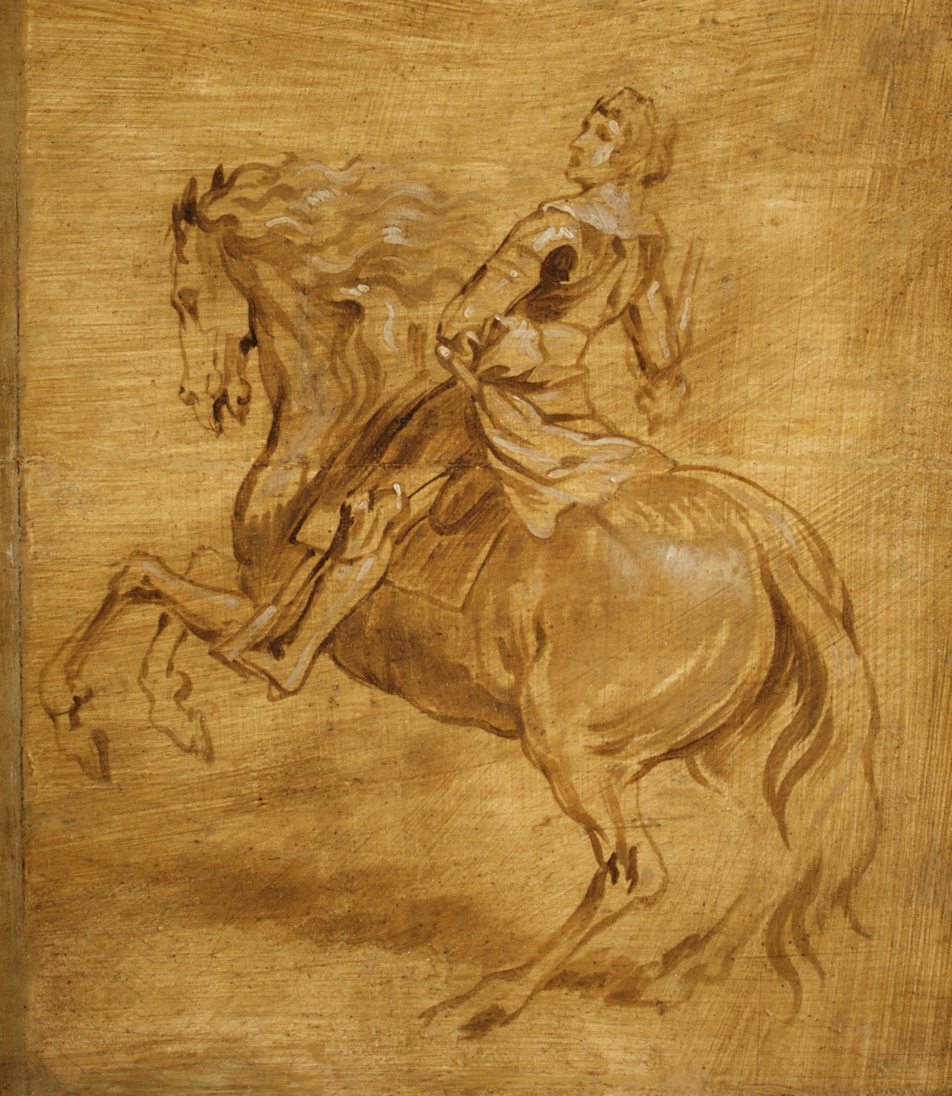 Artistic depiction of a person riding a horse on a textured brown background