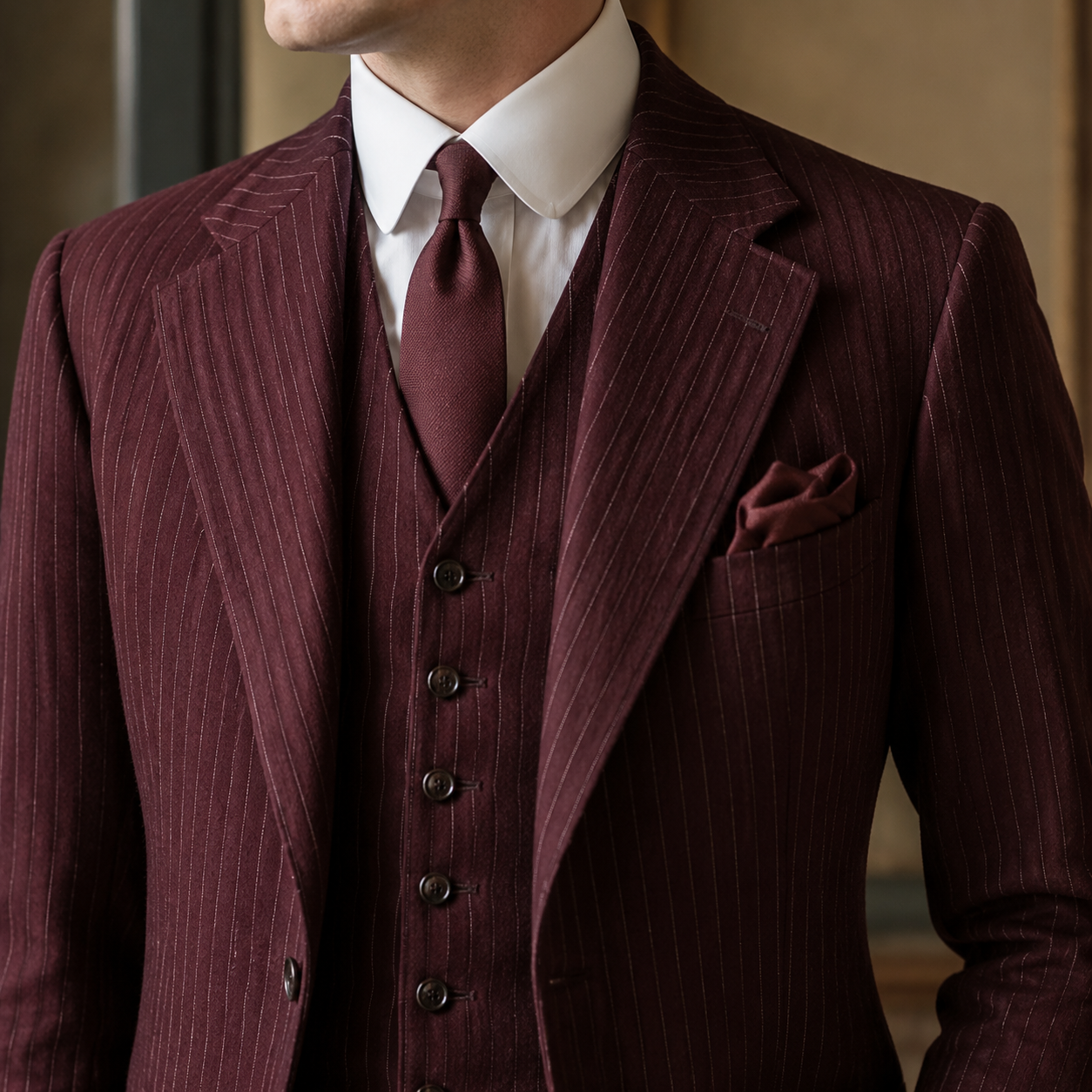 Maroon pinstripe suit with white shirt and tie on a blurred background
