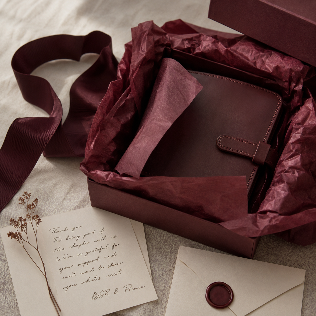 Brown leather wallet in an open box with burgundy ribbon and paper, on a textured surface.