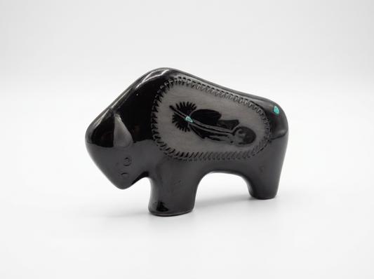 Bison Sculpture | Blackware with Turquoise Accents | Maria Adelicia | Hand-Made & Sourced in San Juan Pueblo, New Mexico